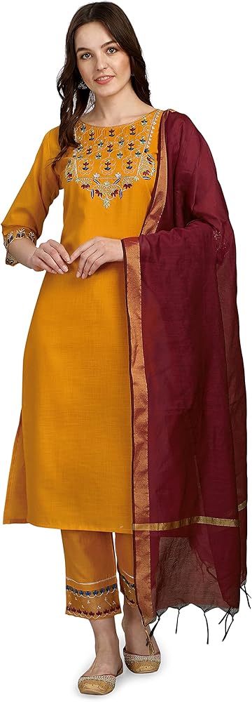 Eid Dresses for Women Cotton Blend Embroidery Straight Kurta Pant & Chanderi Dupatta Set