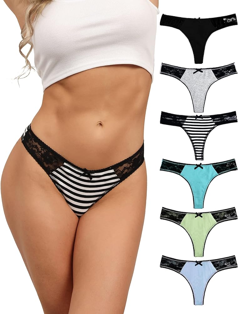 ADOVAKKER Womens Thong Cotton Sexy Lace T Back Panties Underwear Pack of 6 Multicolored