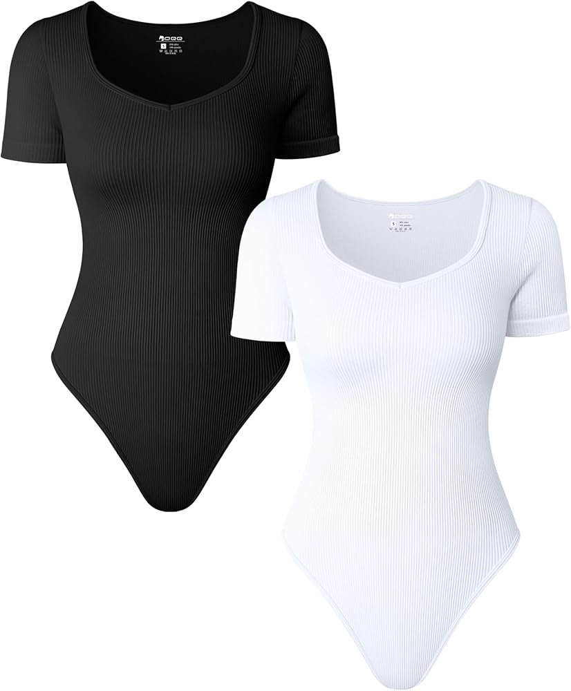 OQQ Women 2 Piece Bodysuits Sexy Ribbed Heart Neck Short Sleeve Stretch Tank Tops Bodysuits