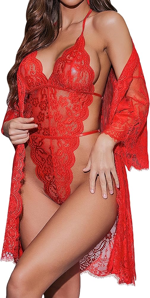 Avidlove Women Sexy Lingerie Set 2 Piece Lace Kimono Robe with Lace Teddy Lingerie Bodysuit