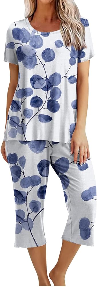 lcepcy Summer Pajamas for Women 2024 Casual Short Sleeve Tops Cropped Pants with Pocket Capri Pajamas for Women Set