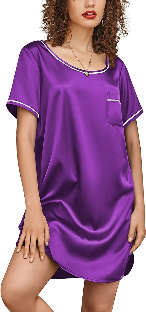 Ekouaer Women's Satin Nightgown Short Sleeve T Shirt Dress Boyfriend Casual Sleep Dress Loose Pajamas Shirt S-3XL