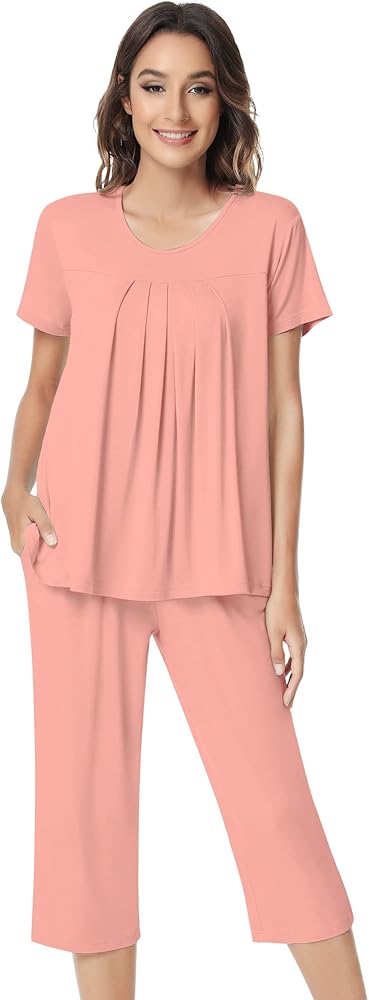 NACHILA Pajamas for Women-Viscose Made from Bamboo,Short Sleeve Pajama Sets Cooling Pjs Top Capri Pants Loose Loungewear