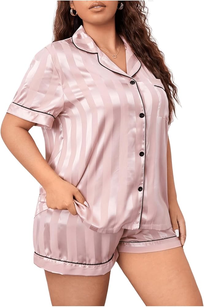 OYOANGLE Women's Plus Size Satin Pajamas Short Sleeve Button up Lounge Sets Sleepwear