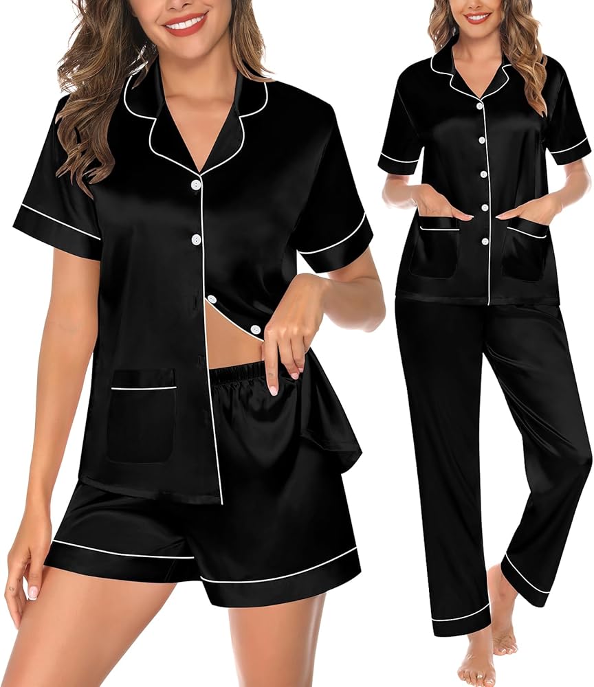 SWOMOG 3 Piece Pajama Set for Women Silk Satin Pjs Short Sleeve Sleepwear Button Down Loungewear with 2 Pockets