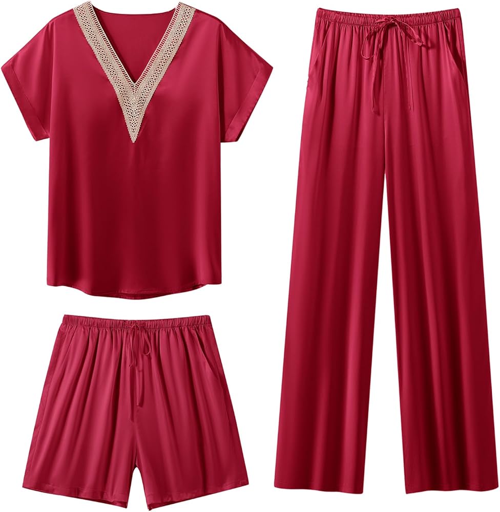 SAPJON Silk Pajamas for Women 3 Piece Lace V Neck Satin Short Sleeve with Shorts Long Pant Silk Pjs Wine Red