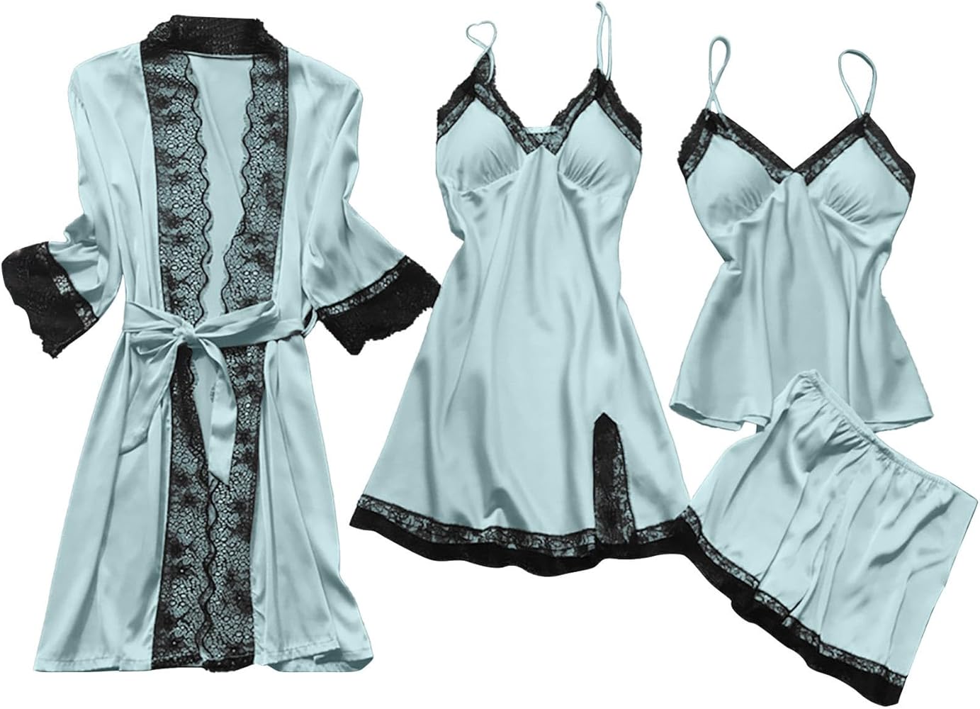 4 Piece Sleepwear Sets For Women Sexy Lace Trim Loungewear Pajamas With Robe Sleeveless Camisole Nightwear Pjs Sets