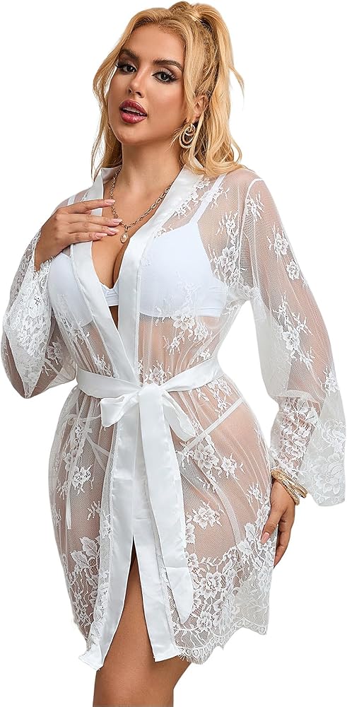 ohyeah Women Black Lace Kimono Robe Plus size Lingerie Robe Sheer Mesh Chemise Nightgown Babydoll Lace Lingerie