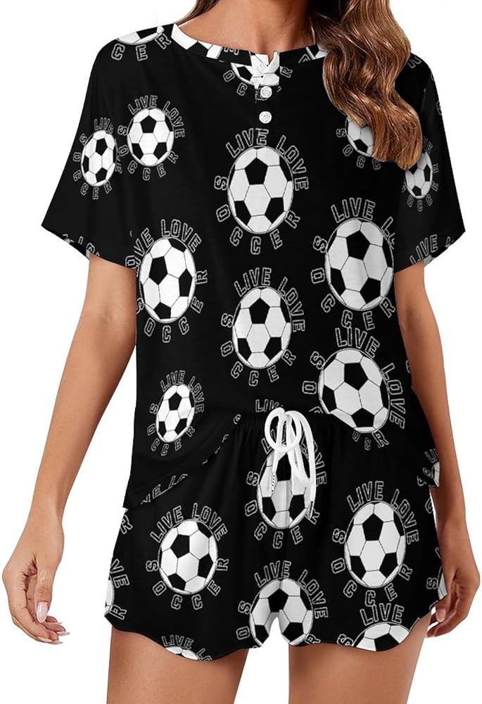 Live Love Soccer Classic Women's Pajamas Loungewear Set Loose Short Sleeve Sleepwear With Pockets