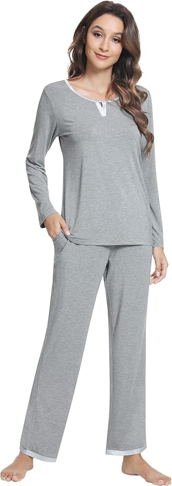 NACHILA Women's Pajamas Set-Viscose Made from Bamboo, Long Sleeve with Pant Pjs Sets Crew Neck Sleepwear Soft Pajamas