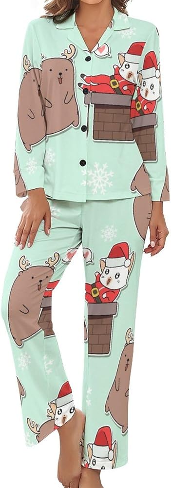 Womens Long Sleeve Pajamas Set Soft V-neck Tops with Pants with Pockets Sleepwear Pjs Soft Lightweight Pajama Sets