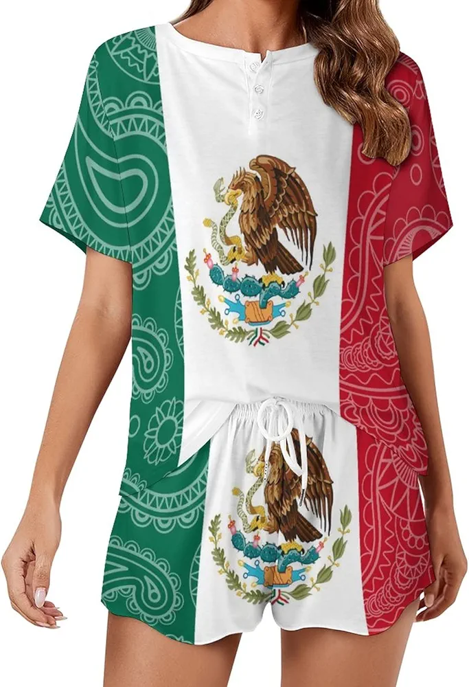 Mexican Paisley Flag Women’s Pajama Sets Short Sleeve Shirt and Shorts 2 Pieces Loungewear Sleepwear PJ M