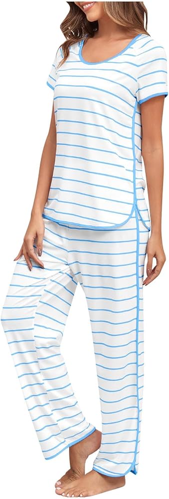 Womens Comfy Pajamas Set Short Sleeve 2 Piece Loungewear Pj Sets Casual Loose Top And Long Pants Sleepwear