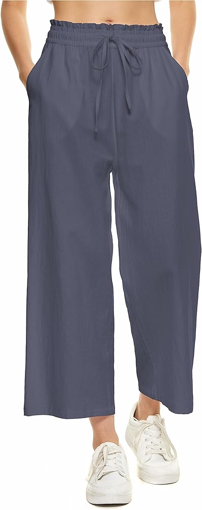 LNX Womens Wide Leg Linen Pants High Waisted Drawstring 100% Linen Flowy Crop Trousers with Pockets