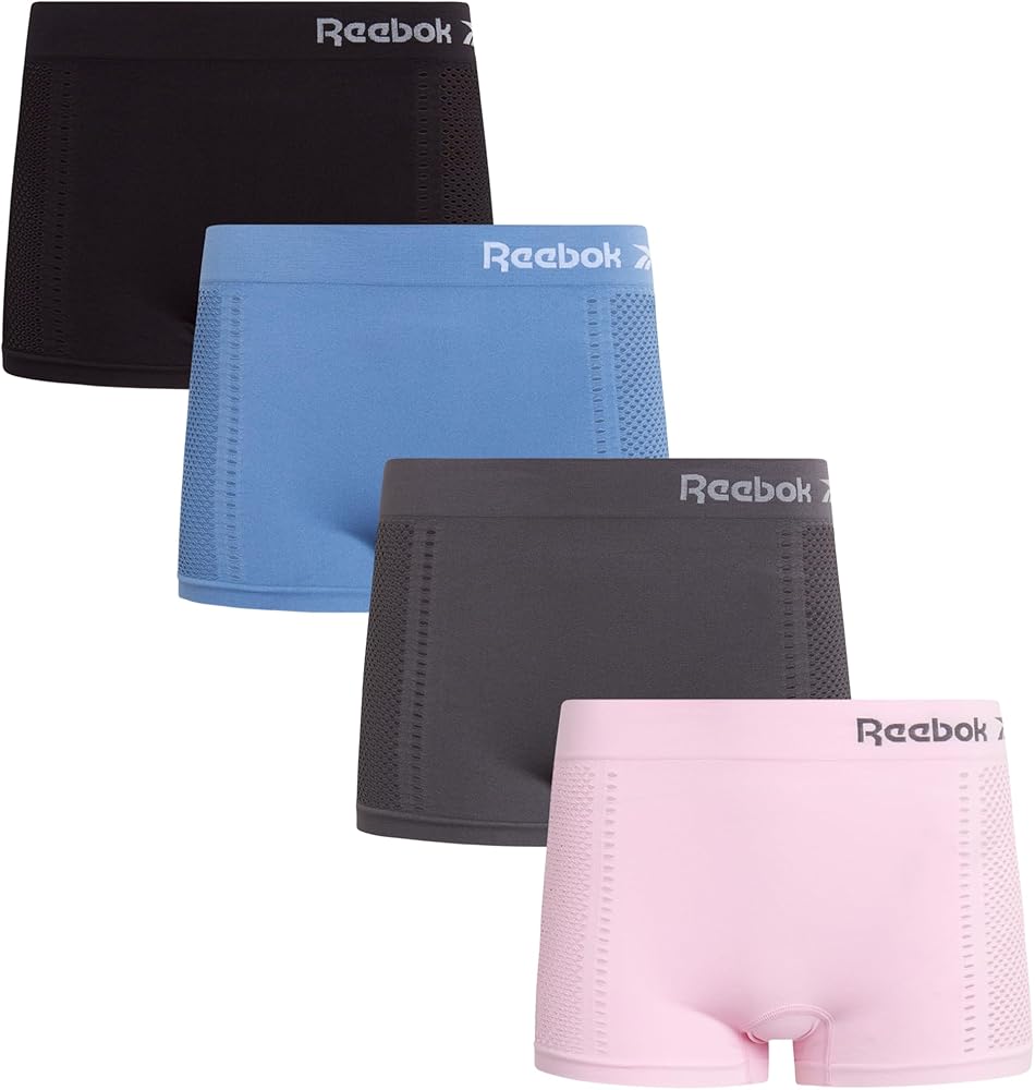 Reebok Women's Boy Shorts Underwear - 4 Pack Ribbed and Cut Out Boyshorts Panties - Seamless Underwear for Women (S-XL)