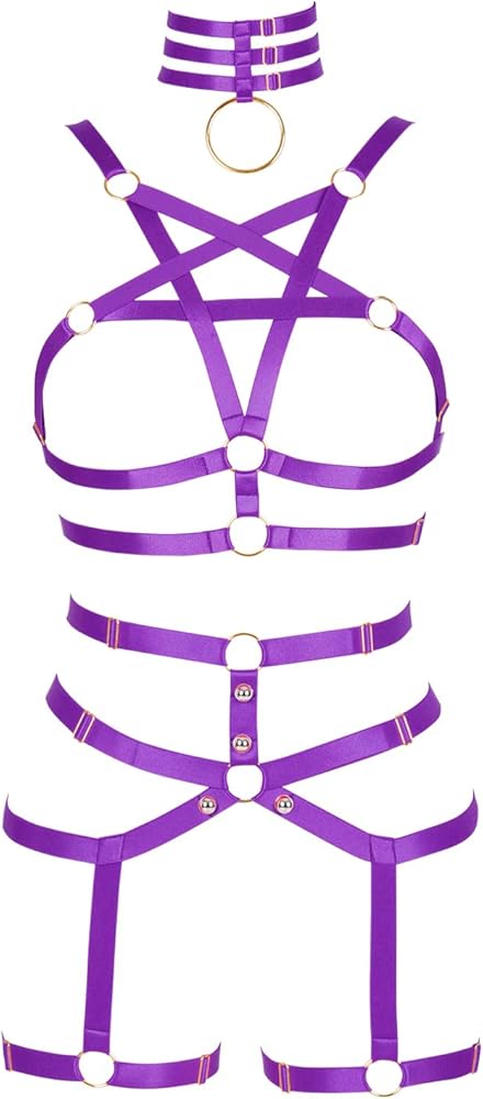 Womens Body Harness Punk Full Cage Lingerie Strappy Hollow Bra and Leg Garter Belts Set Harajuku Gothic Festival Rave Wear (purple)