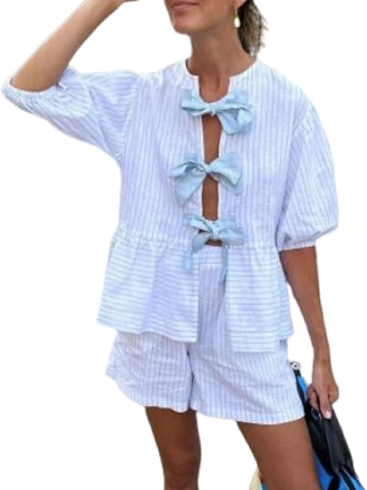 Striped Pajamas for Women 2 Piece Pj Set Short Sleeve Button Down Blouse Lounge Shorts Pajama Set Sleepwear