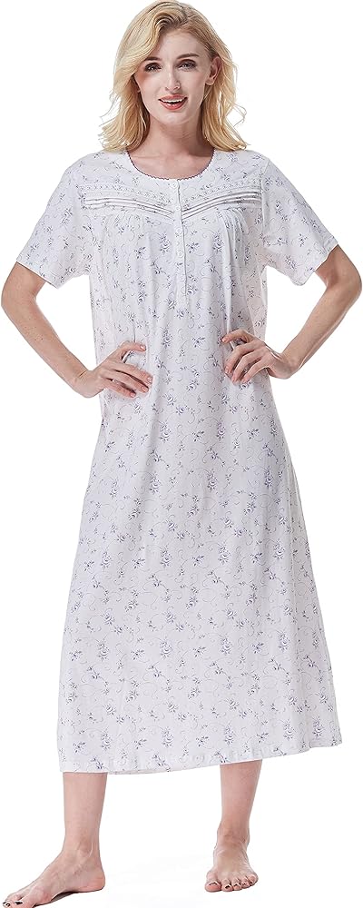 Keyocean Women Nightgowns, Soft 100% Cotton Short Sleeves Comfy Ladies Nightdress