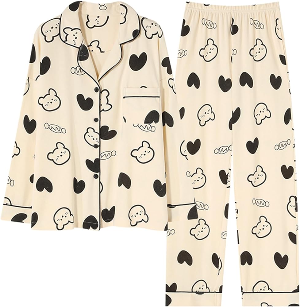 Kawaii Bear Print Women Pajamas Autumn Ladies Pajama Faux Cotton Korean Cardigan Sleepwear Long Sleeve Loungewear