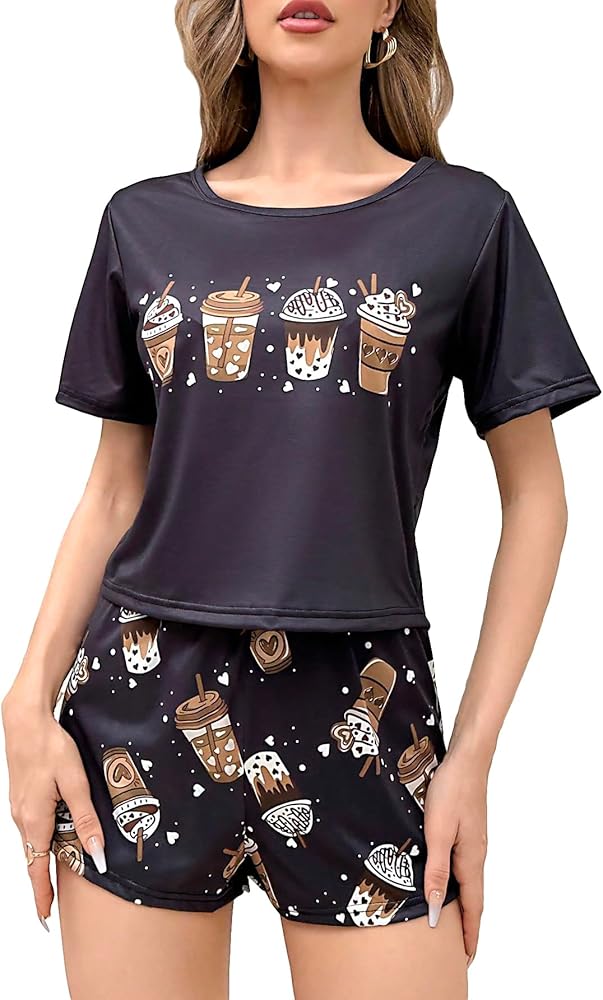 SOLY HUX Women's Short Sleeve Tee Top and Plaid Shorts Lounge Pajama Set Sleepwear Graphic Black XS