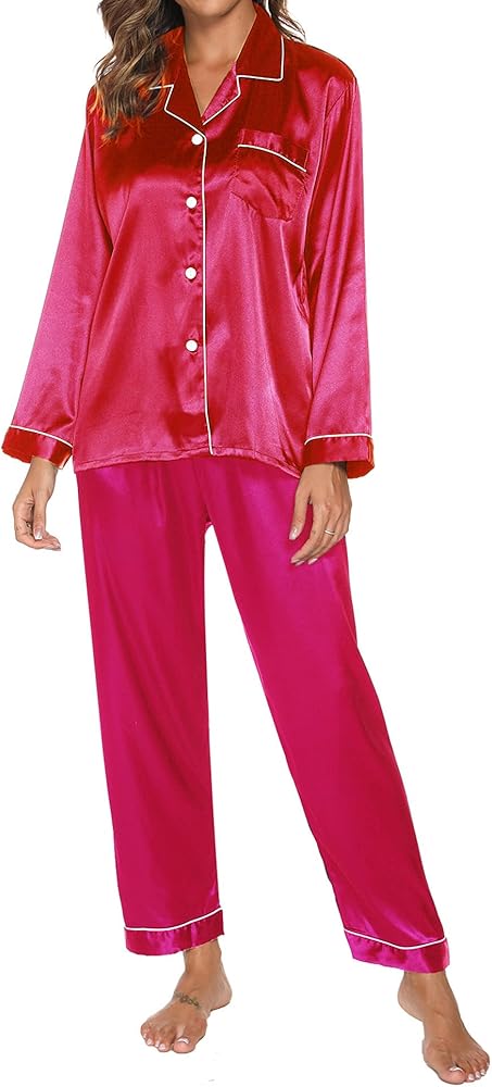 Womens Silk Pajamas Set, Button Down Pajama Set, Long Sleeve Two-piece Loungewear Sets Sleepwear with Long Pants