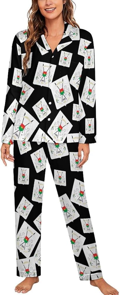 Coat of Arms of Burkina Faso Cotton 2 Pcs Womens Pajama Sets Long Sleeve Sleepwear Cuban Collar Nightwear Loungewear