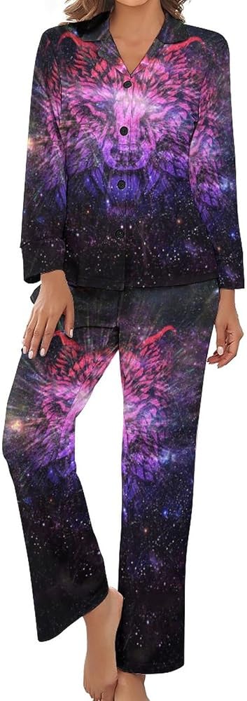 Abstract Galaxywolf Print Pajamas Set for Women Soft Long Sleeve Button Down Shirt And Pants Sleepwear S-XL