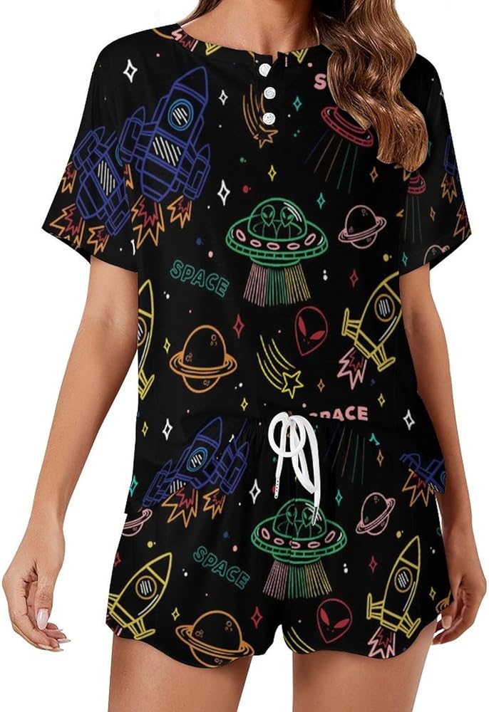 Aliens Space UFO Women's 2 Piece Pajamas Short Sleeve Shorts Sleepwear Set Causal Loungewear Home Suit 4XL