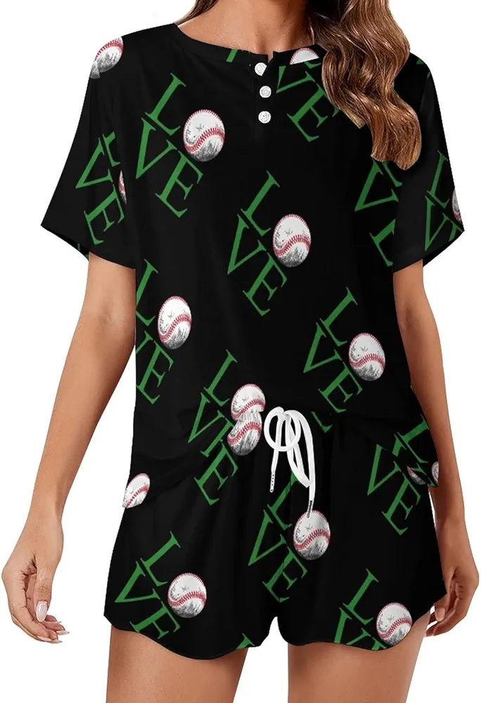 Love Baseball Ball Women’s Pajama Sets Short Sleeve Shirt and Shorts 2 Pieces Loungewear Sleepwear PJ M