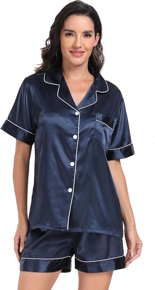 Super Shopping-zone Women's Satin Pajama Set Silk Pjs Button Down Pajamas Short Sleeve Sleepwear Lounge Set