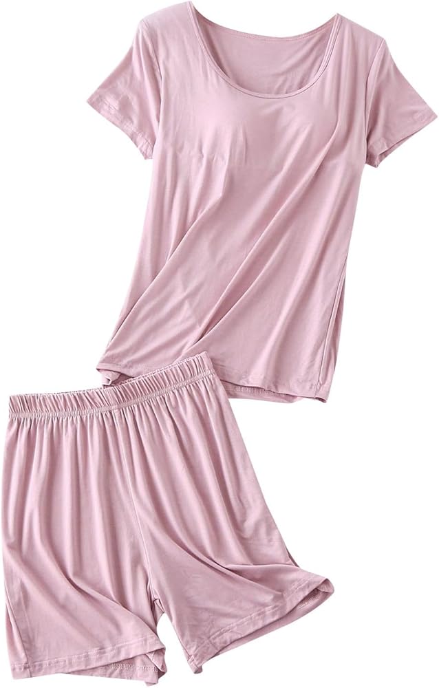 Pajama Sets for Women 2 Piece Outfits Lounge Sleepwear Short Sleeve Tops with Built in Bra Shorts Sets Soft Pjs Sets