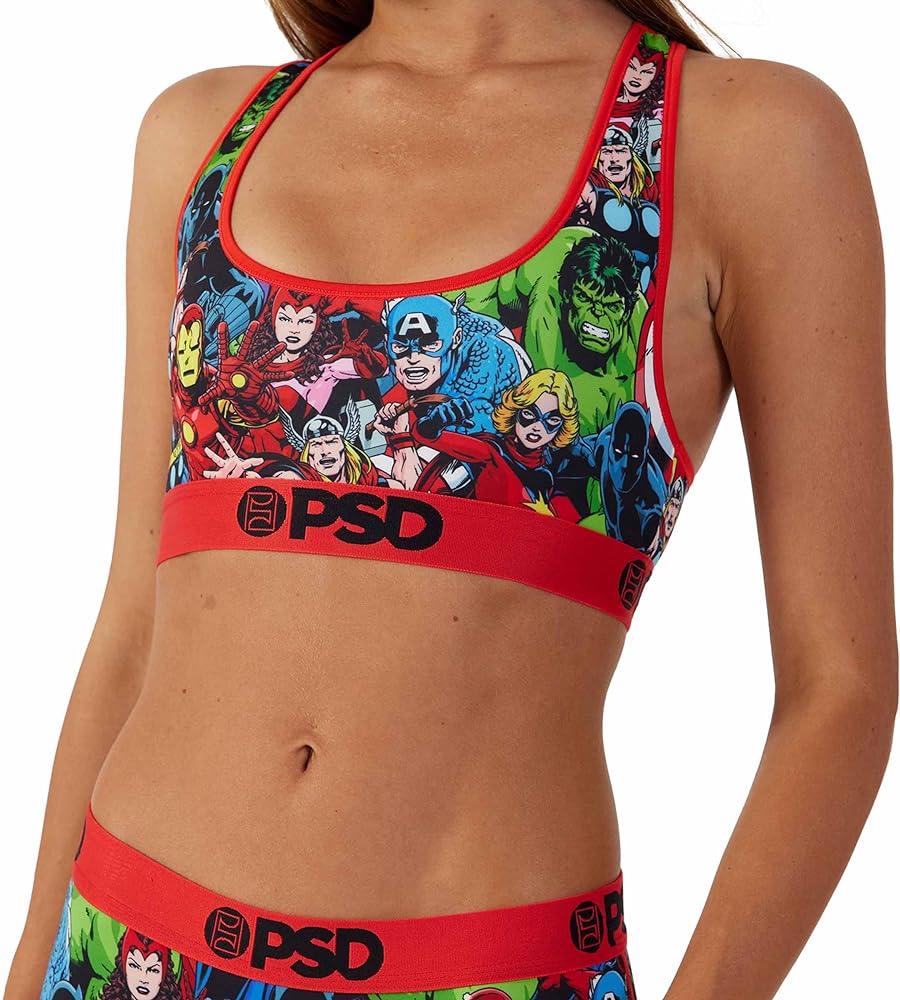 PSD Women's Marvel Print Sports Bra - Racerback Sports Bras for Women with Breathable Microfiber Fabric