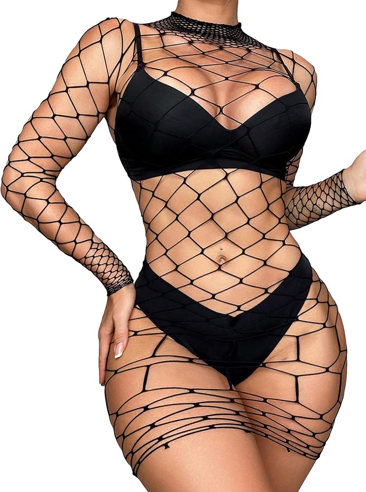 SweatyRocks Women's Lingerie Fishnet Dress Hollow Out See Through Long Sleeve One Piece Babydolls Mini Dress