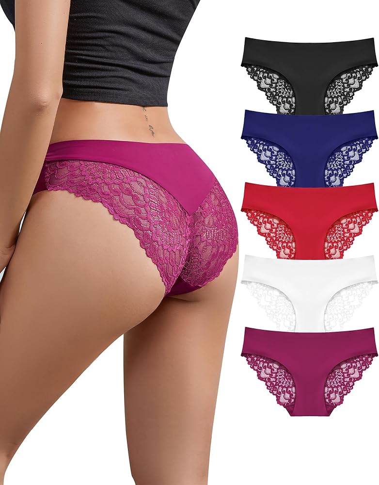 DEANGELMON Lace Bikinis Underwear for Women Seamless No Show Panties Ladies Cheeky Stretch Multi Pack