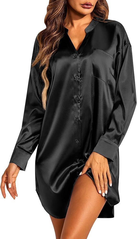 Ekouaer Women's Satin Nightgown Button Down Sleepshirt Silk Long Sleeve Nightshirt Boyfriend Sleepwear