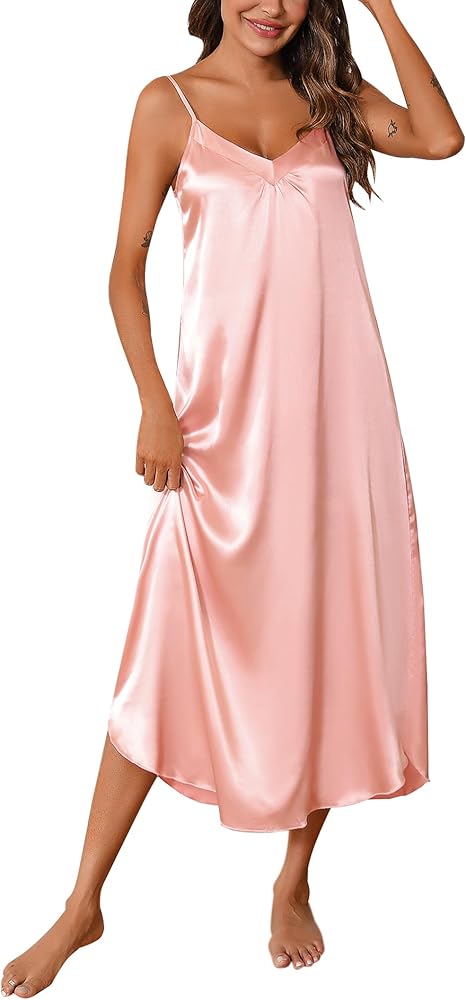 Women Long Satin Nightgown Silk Slip Dress Sexy V Neck Sleepwear Loose Sleeveless Nightshirt