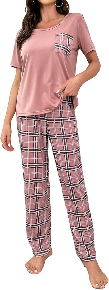 OYOANGLE Women's 2 Piece Pajama Set Plaid Print Short Sleeve T Shirt and Pants Sleepwear