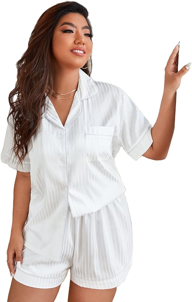 OYOANGLE Women's Plus Size Silky Satin Pajamas Short Sleeve Button up Pjs Lounge Sets Sleepwear