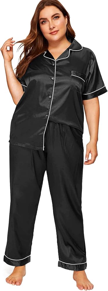 Milumia Women's Plus Size Satin Pajama Set 2 Piece Notch Collar Sleepwear Loungewear Plain Black 5X-Large Plus