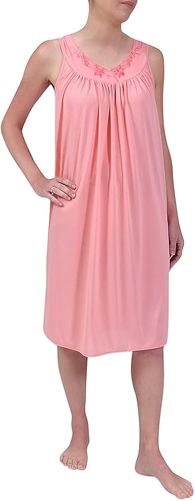 Miss Elaine Nightgown - Women's Short Nylon Tricot Gown, Sleeveless Gown with Petal Embroidery at Round Neck