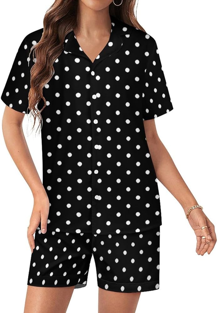 Polka Dots Black And White Women's Pajamas Set Two Piece Button Down Sleepwear Short Sleeve And Shorts Loungewear