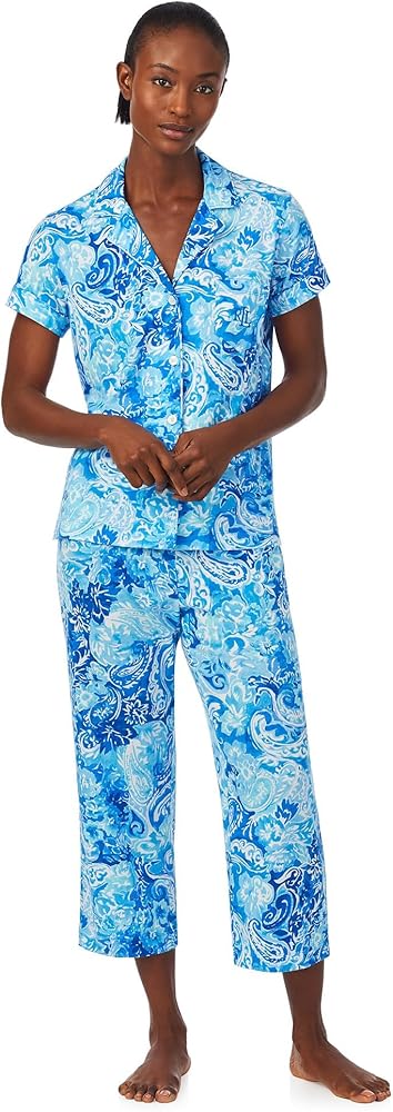 Lauren Ralph Lauren Short Sleeve Notch Collar Capris PJ Set Blue Paisley MD (US 8-10)