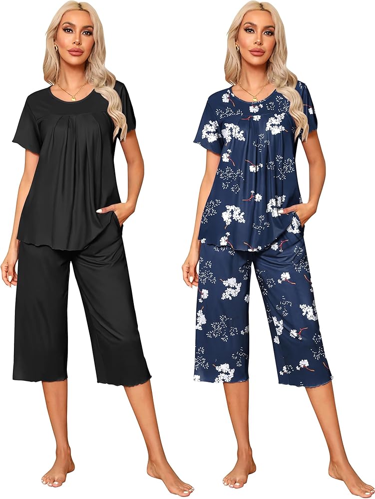 Ekouaer Women's 2 Pack Pajama Set Short Sleeve Pleated Tops Pants Sleepwear Soft Pjs Sets with Pockets