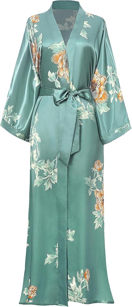 BABEYOND Floral Kimono Robe Satin Silk Wedding Robe 1920s Kimono Nightgown Sleepwear 53 Inches Long