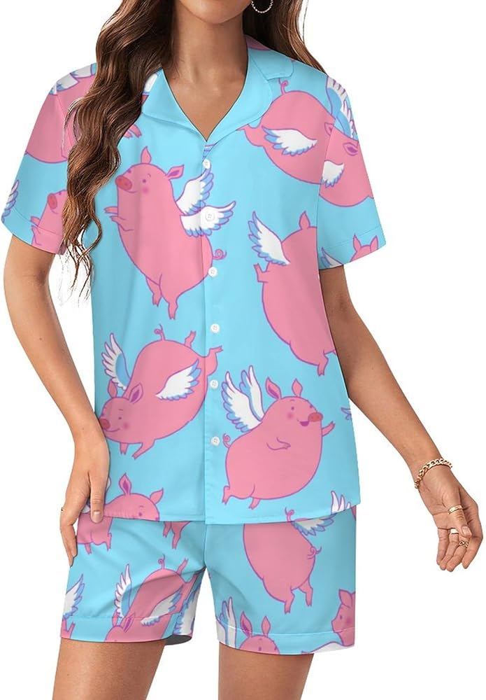 Flying Piggy Blue Sky Women's Pajamas Set Two Piece Button Down Sleepwear Short Sleeve And Shorts Loungewear