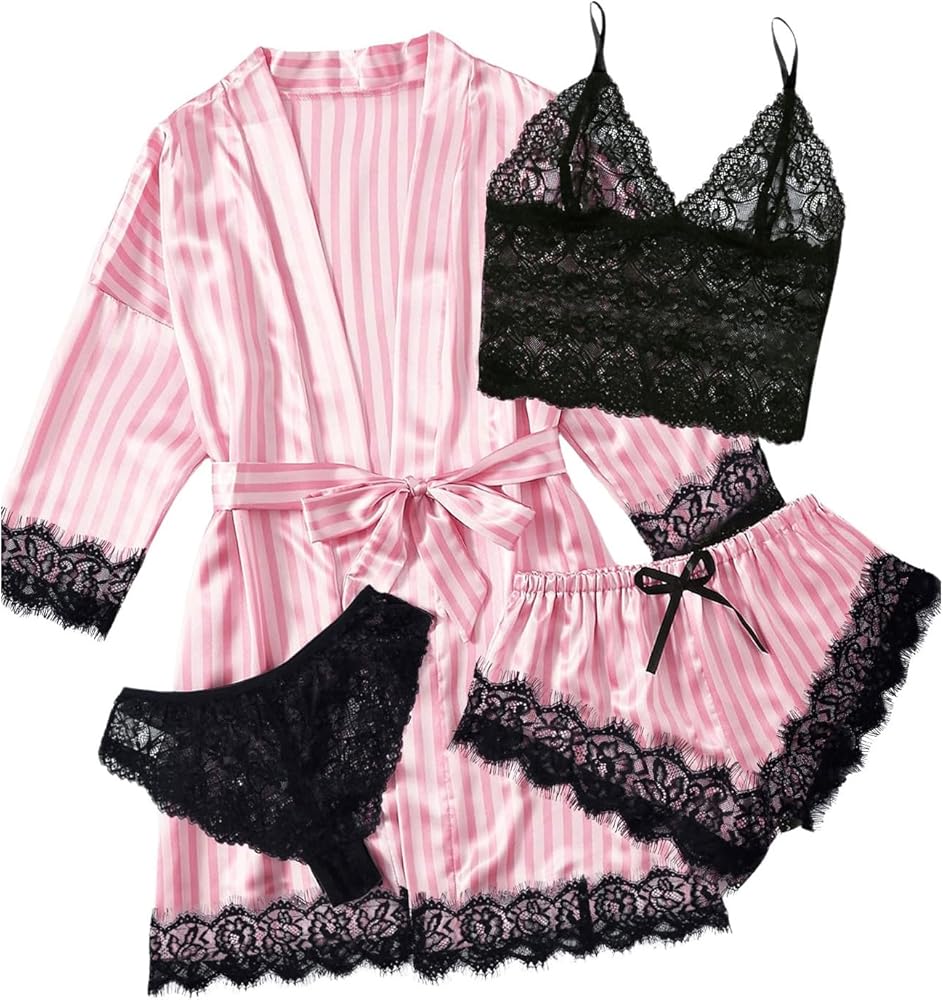 WDIRARA Women's 4 Pieces Striped Lace Trim Satin Pajama Set Cami Top and Shorts with Robe