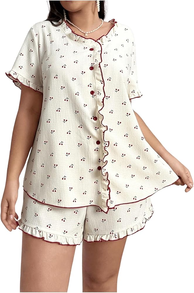 SOLY HUX Women's Plus Size Pajama Set Cute Print Ruffle Trim Short Sleeve Button Down Shirt and Shorts Sleepwear