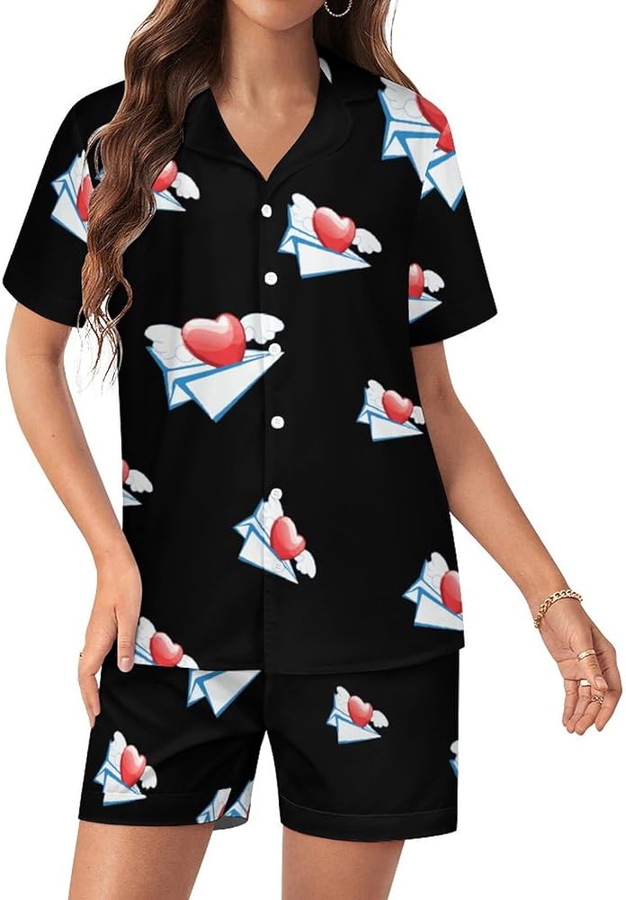 Paper Plane Womens Silk Satin Pajamas Set Short Sleeve Button-Down Sleepwear Loungewear Pj Set