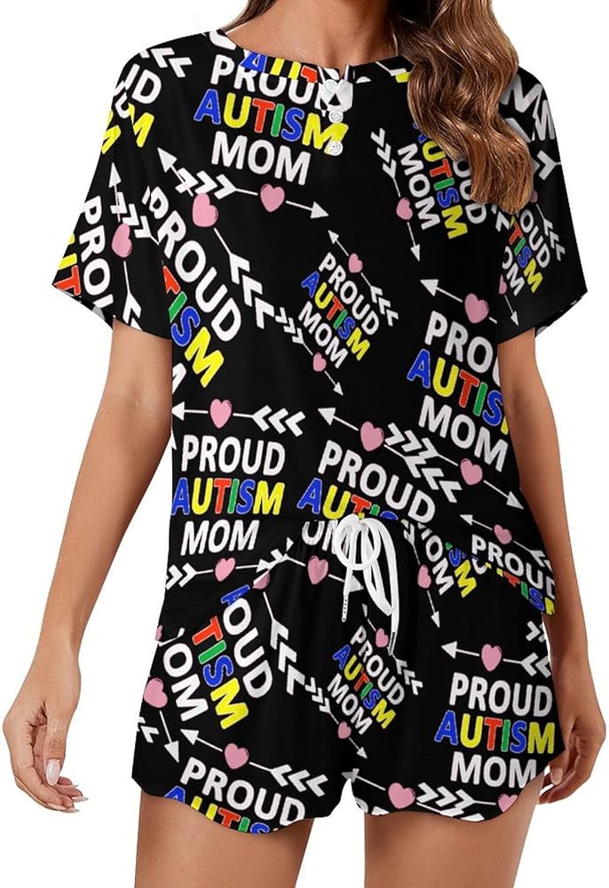 Proud Autism Mom Women's 2 Piece Pajamas Short Sleeve Shorts Sleepwear Set Causal Loungewear Home Suit 5XL