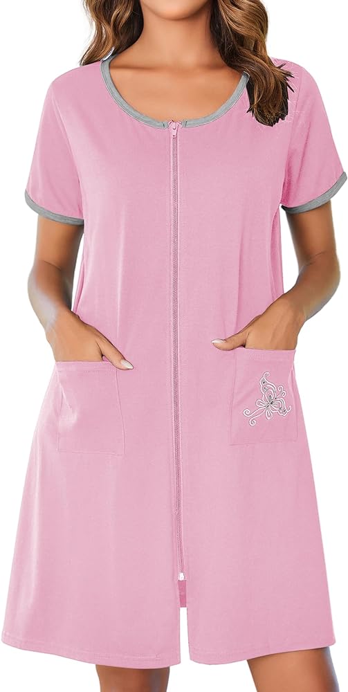 Ekouaer Zip Up Robes for Women Short Sleeves Zipper House Coat Short Bathrobes Lightweight Nightgown with Pockets S-3XL